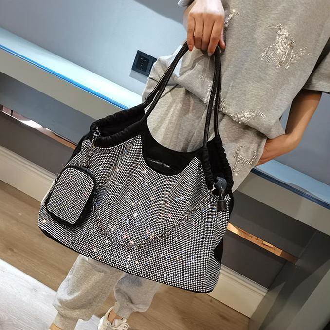 今がチャンス2色 トートバッグ 黒 レディース 斜めがけ 大容量 ラインストーン ポケット ジッパー ファスナー ストラップ 大きい ボストンバック 旅行 肩がけ カバン 鞄 ブラック 黒 ホワイト