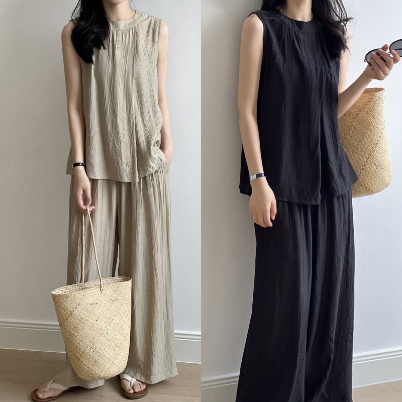 【YS】上品 気質 ノースリーブセットアップ　レディース 涼しく楽ちんセットアップ夏 二点セット トップス ワイドパンツ 上下セット 韓国ファッション 高級感