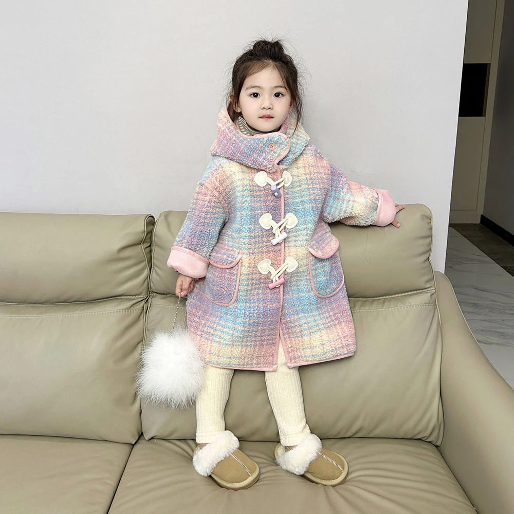2024秋冬韓国子供服女の子チェック柄ワンピースベルベットコートミドル丈ベビーガールジャケット93
