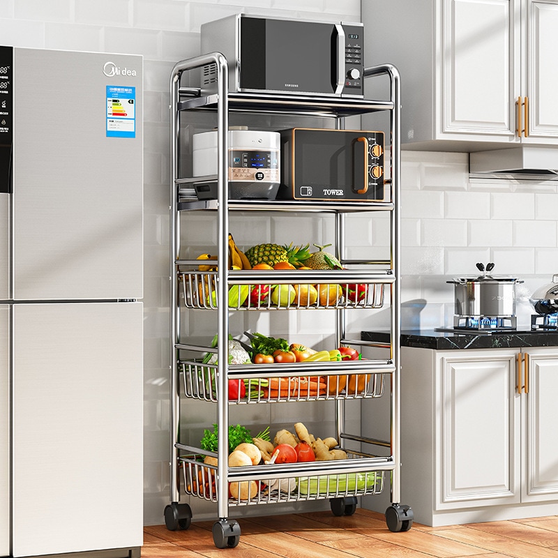 不锈钢厨房菜篮子置物架落地多层果蔬微波炉收纳架多功能储物架子 8,120円