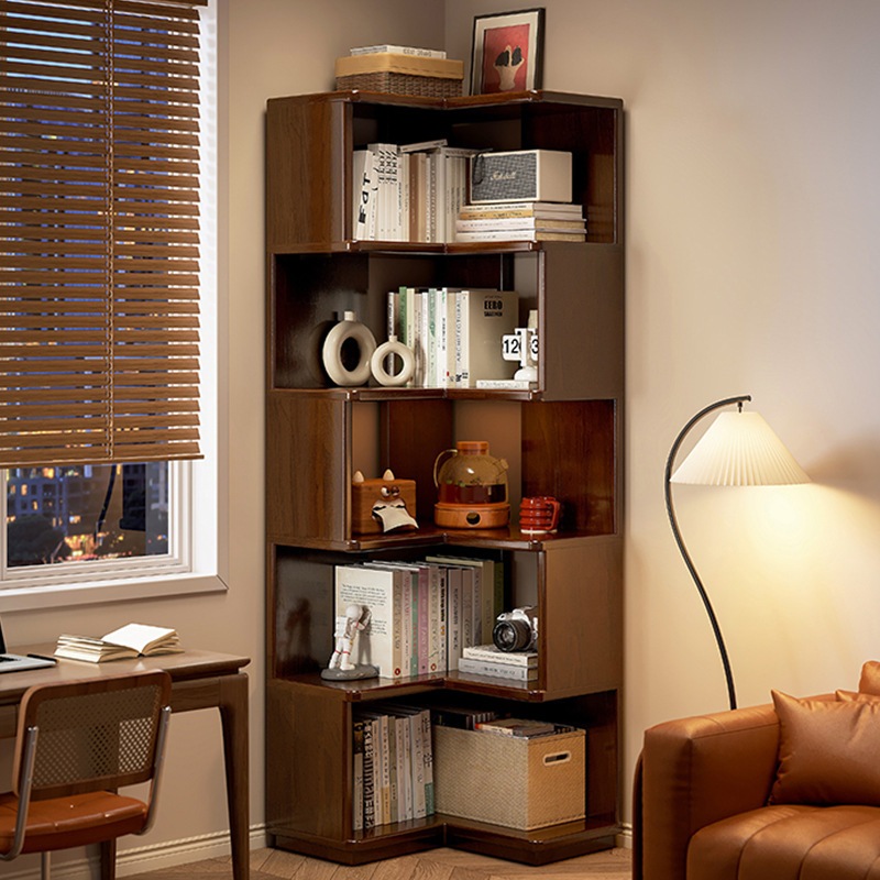 完全に固形の木製コーナー本棚床スタンディングシェルフ学生ホームリビングルームコーナーキャビネットコーナーベッドサイドブックケース