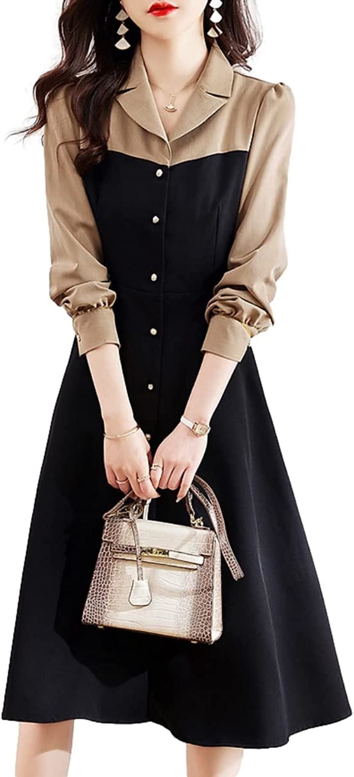 レディース シャツワンピース バイカラー Aライン 膝下丈 前開き カジュアル おしゃれ 体型カバー 長袖 秋 冬 春(ブラック, XL)