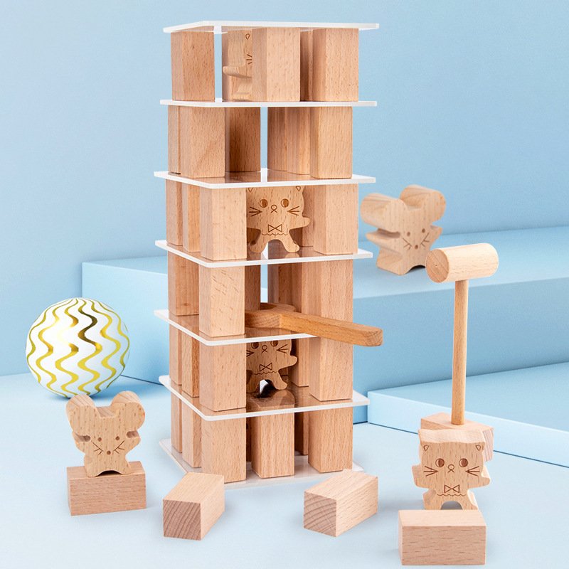出色 子供の論理的思考を訓練し彼らの実践能力を向上させるための児童用木製の猫とマウスの戦いジェンガゲーム 【予約販売品】