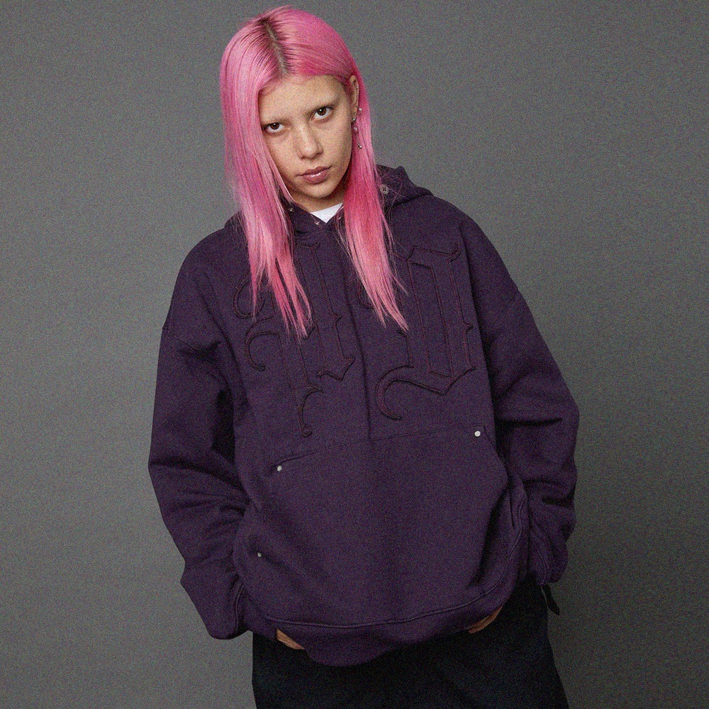 HD Logo applique overfit hood tshirt DEEP PUERPLE