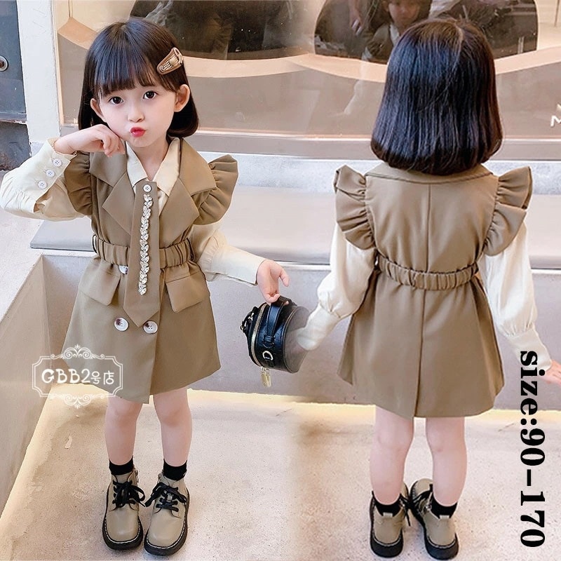 【即納】韓国子供服 セットアップ 女の子 シャツ+ワンピース 春秋 長袖 ２点セット フォーマル ベルト付き ネクタイ付き フリル リゾート カジュアル キッズ こども 可愛い きれいめ //卒園式/