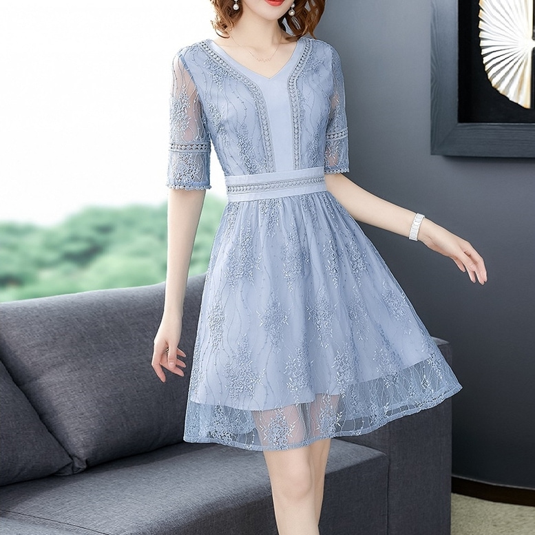 ワンピース ドレス レディース レースワンピース フレア ミニドレス ウエストマーク Vネック 半袖