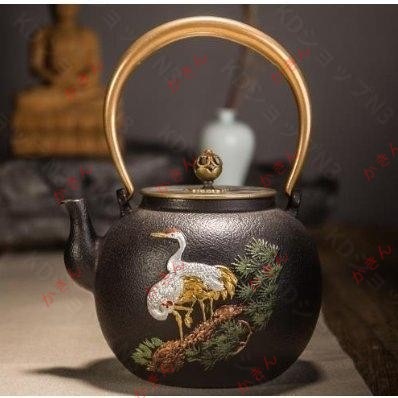 新品未使用 職人手作り彩絵鉄壺 松鶴問青 鉄やかん 鉄びん 鉄分補給 急須 ティーポット 茶壺 提梁壷 水壷 煮茶壷 茶道具