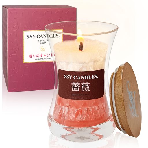 アロマキャンドル 香りキャンドル 植物性ワックス 蝋燭 木の芯 焚き火キャンドル バレンタイン クリスマス 結婚祝い (#9-蔷薇)