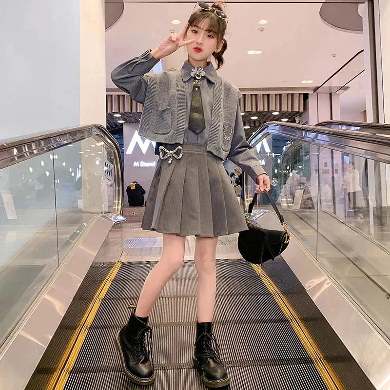 を1枚プレゼント子供服韓国子供服ベビー服 女の子子供服 女の子子供服jk制服三点セット2026 韓国ファッション女の子JKスーツ腰巻＋シャツ＋プリーツスカート3点セット小中高子供JK制服スーツ