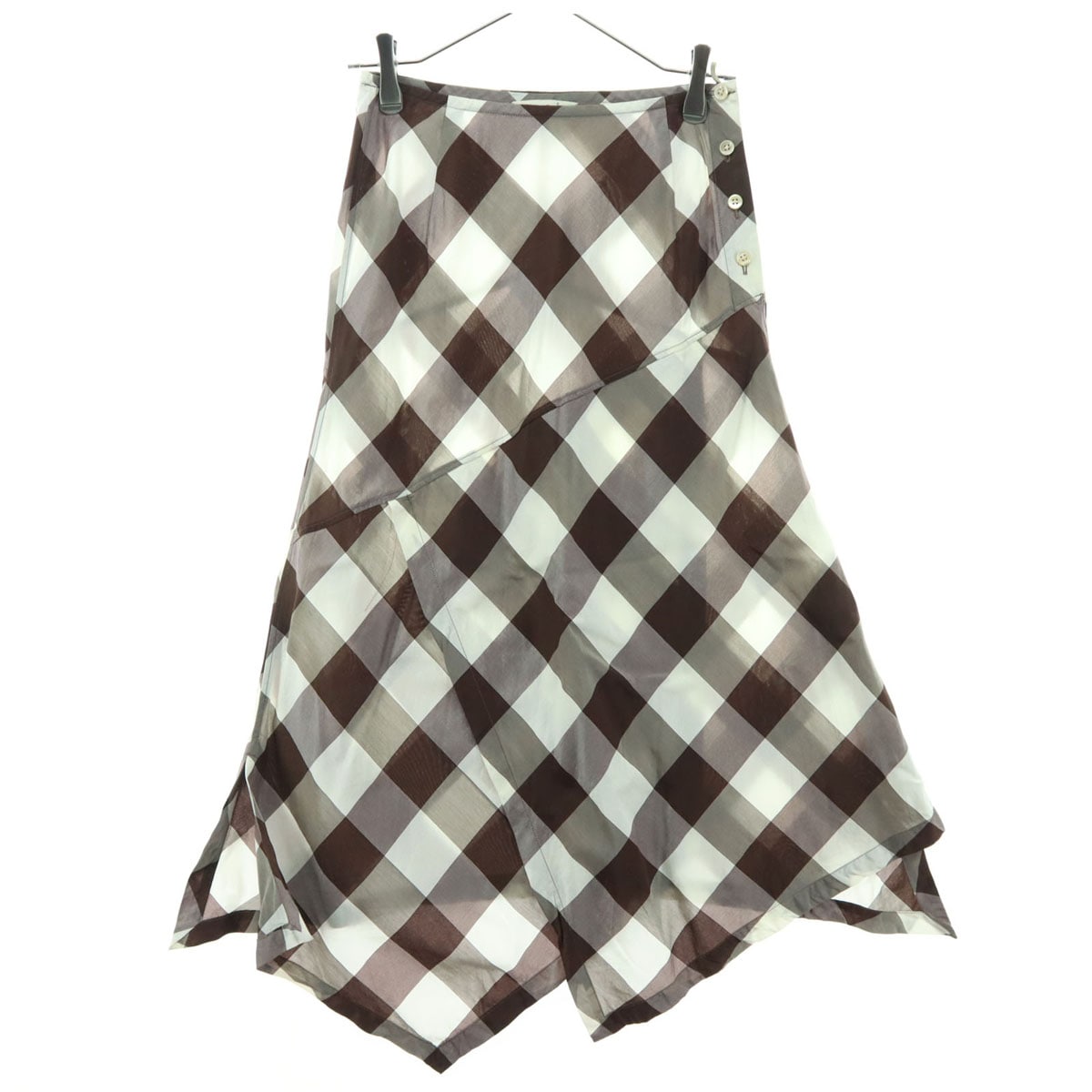 美品 日本製 ギンガムチェック ミモレ丈スカート 1 ブラウン系 レディース 古着