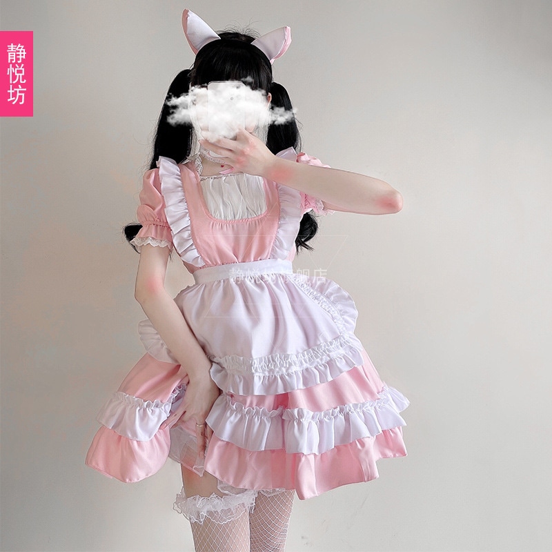ピンクの日本のメイド服コスプレ衣装アニメロールプレイ服かわいいロリ柔らかい女の子のドレス
