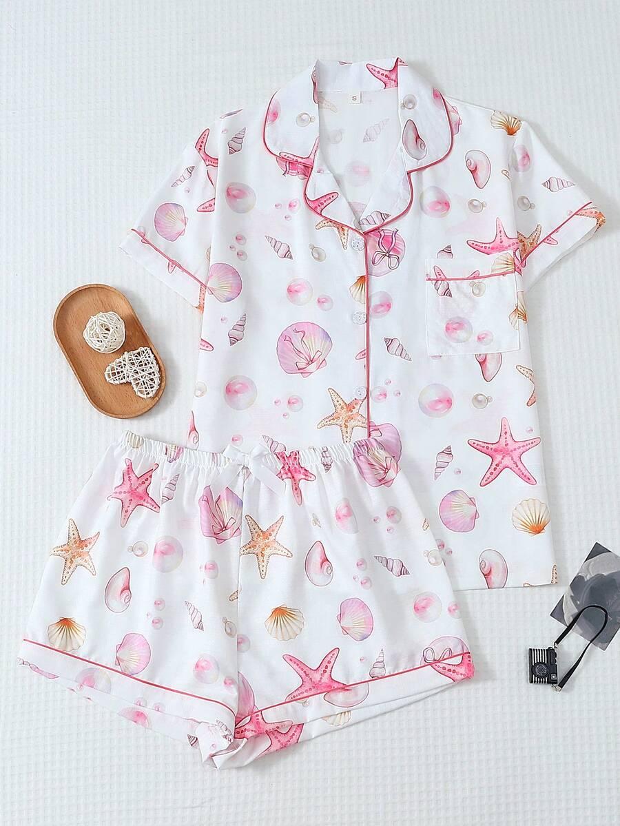 女性用 2点セット ピンクシェル&パールプリント 半袖カラーシャツ ポケット付き ボウタイショーツパジャマ