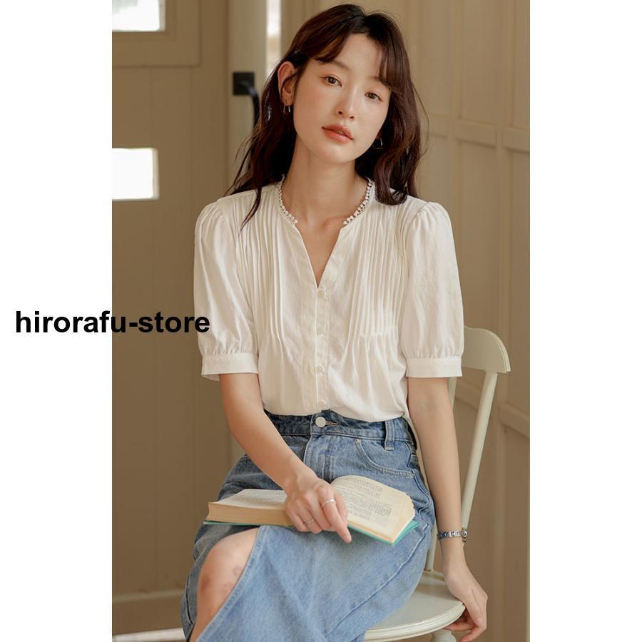 白シャツ レディース 夏 vネック 半袖 パフスリーブ 涼しい きれいめ おしゃれ カジュアル