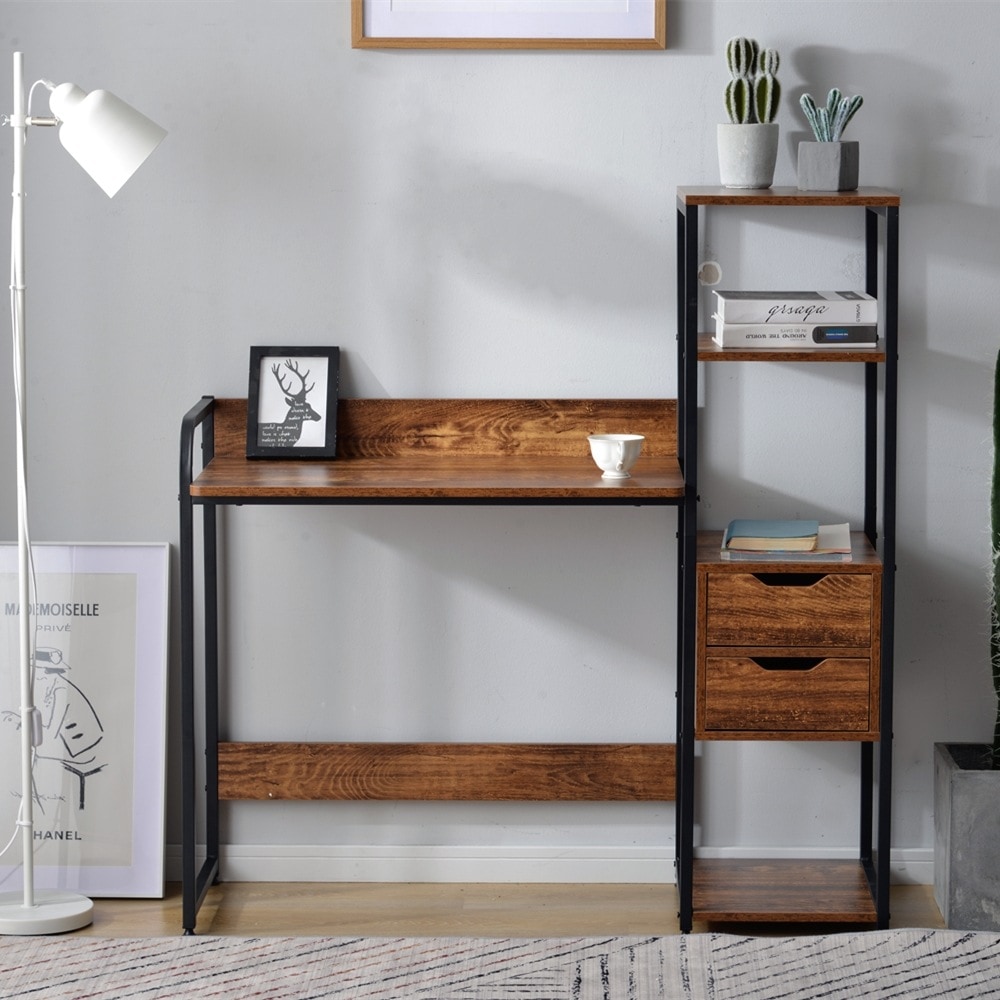 【国内即日発送】【ダークブラウン】パソコンデスク 引き出し付き　3段シェルフ付 パソコンデスク 木製 ミシン台 書斎机 学習机 勉強机