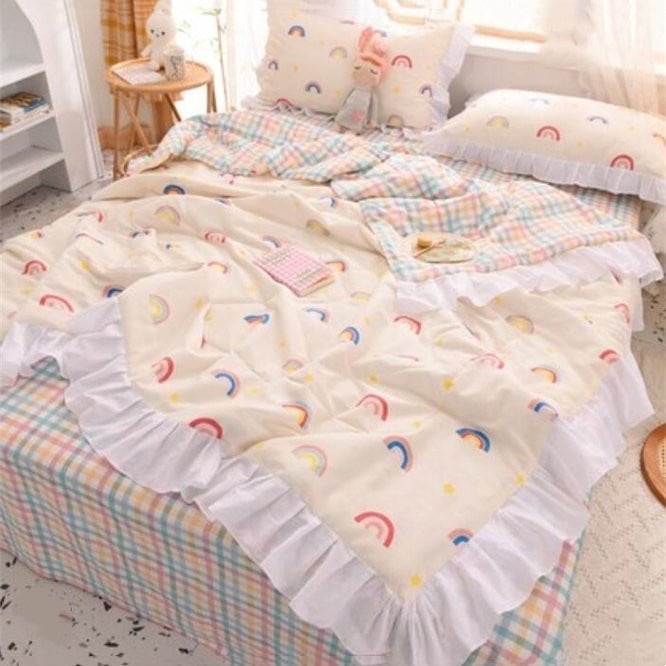 布団 掛け布団 4点セット フリル 夏用 敷き布団 ふとん 寝具 コットン 涼感 はだがけ 夏掛け