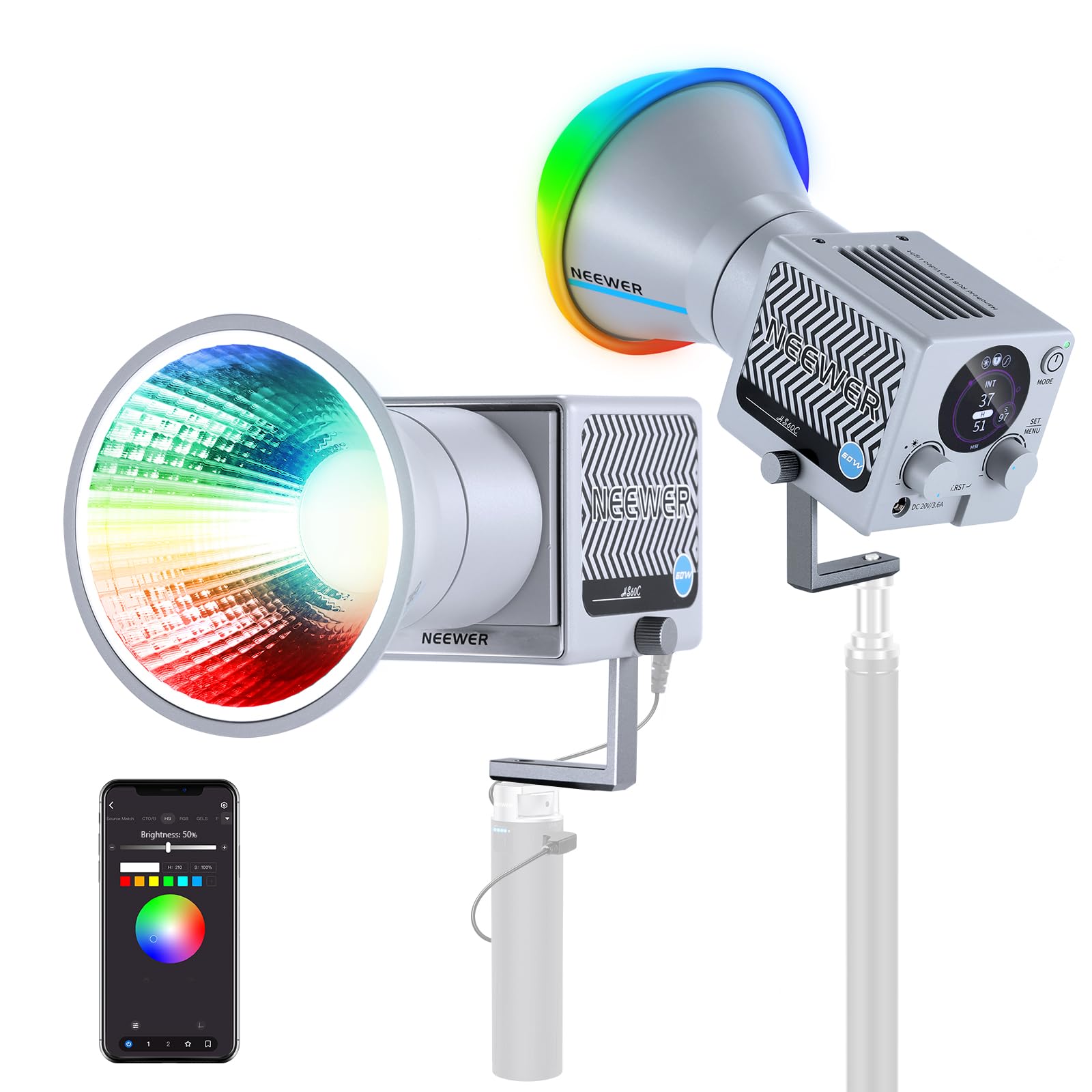 NEEWER 60W RGB LEDビデオライト ポータブル ハンドヘルド APP/2.4G/パネル制御 8700Lux/1m 2700-6500K CRI97+ COBライト ミニライト 定常光ライ
