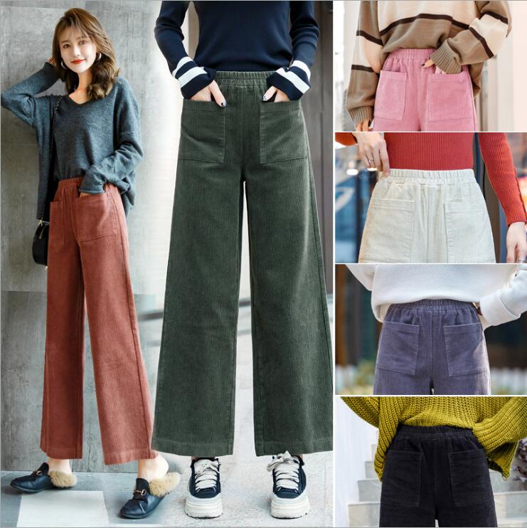 【即納】9分丈 ガウチョパンツロング丈 秋新作 ゆったり ゴムウエスト ボトムス ハイウエスト ワイドパンツ コールテン コーデュロイパンツ レディース2TYPE