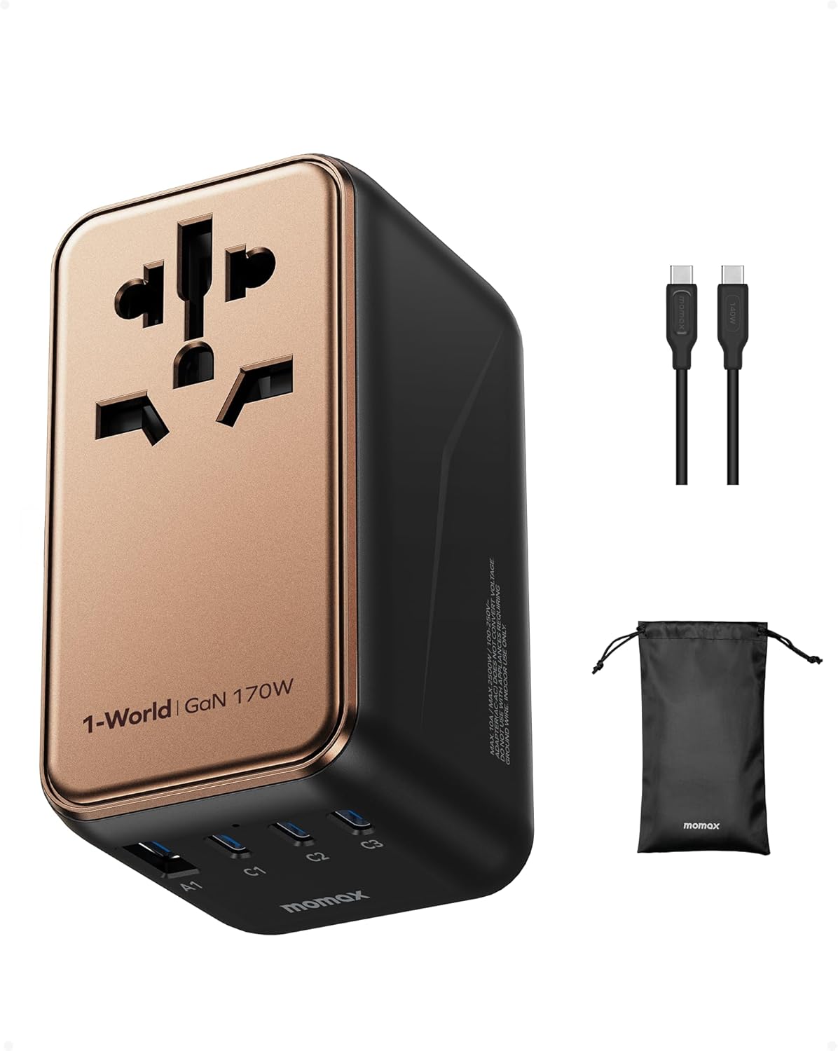 【超高速の170W出力】MOMAX 変換プラグ PD GaN 140W+30W出力 急速充電 海外変換プラグ 全世界対応 5台同時充電 3*PD USB-C+1*QC USB-A 海外用 コンセント