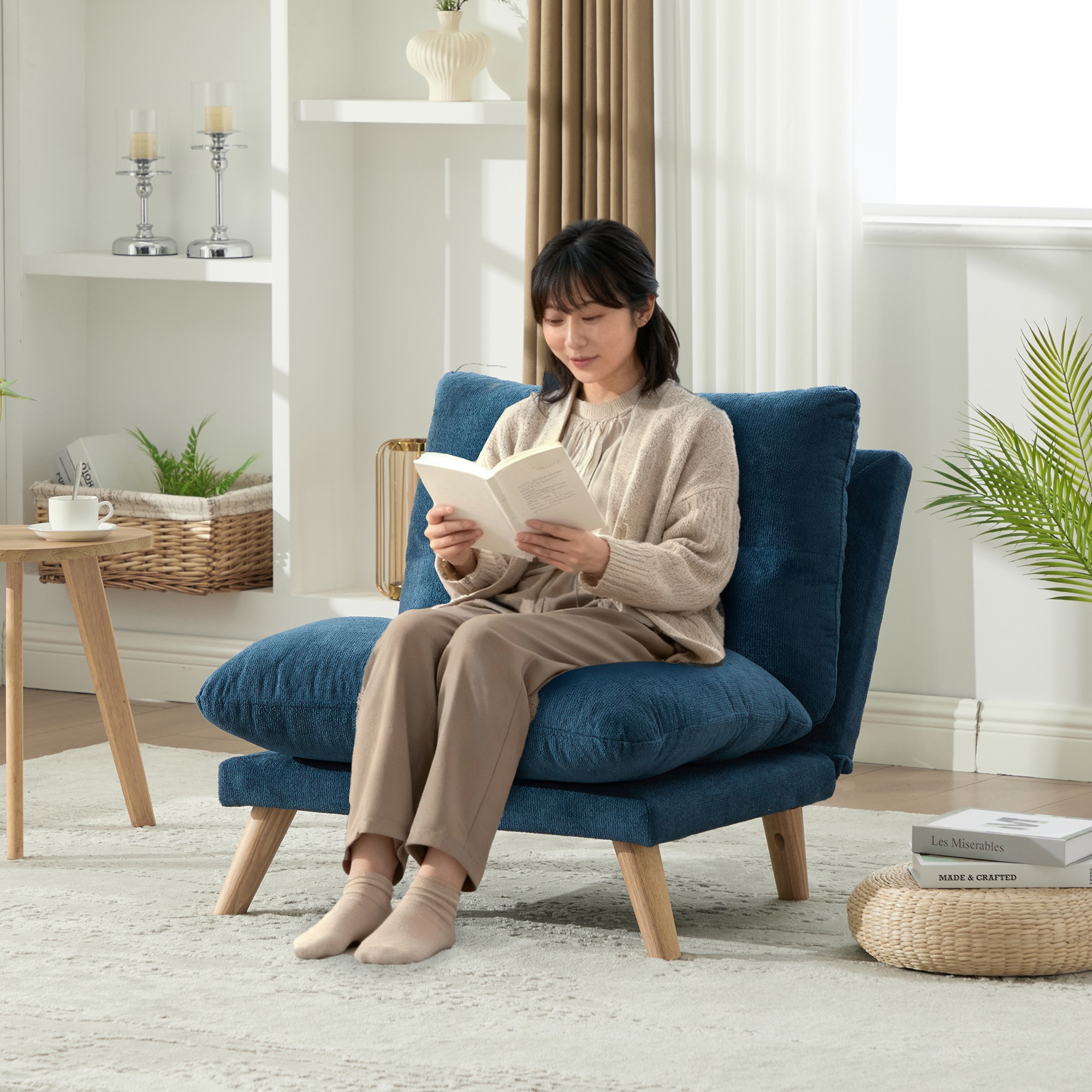 945一人掛け ソファ 座椅子 リクライニング 折りたたみ コンパクト 幅68cm 低反発 メモリーフォーム ふわふわ シェニール生地 無垢材フレーム 90160角度調節 一人暮らし おしゃれ