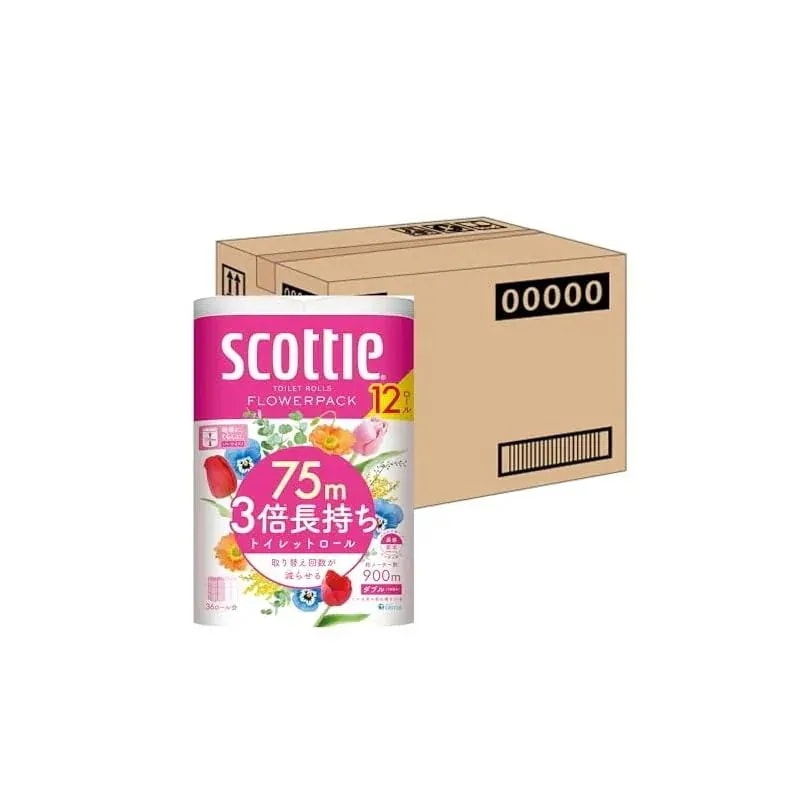 即納ケース販売 スコッティ フラワーパック 3倍長持ち トイレット12ロール 75mダブル ホワイト ×4パック入り