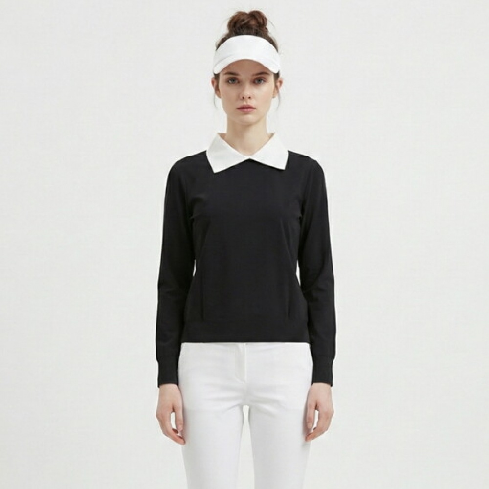 ショップアン 女性 カラー配色 カラー ネックバック スリット 4方向 スパンゴルフ Tシャツ LB-WSH-21103 ブラック