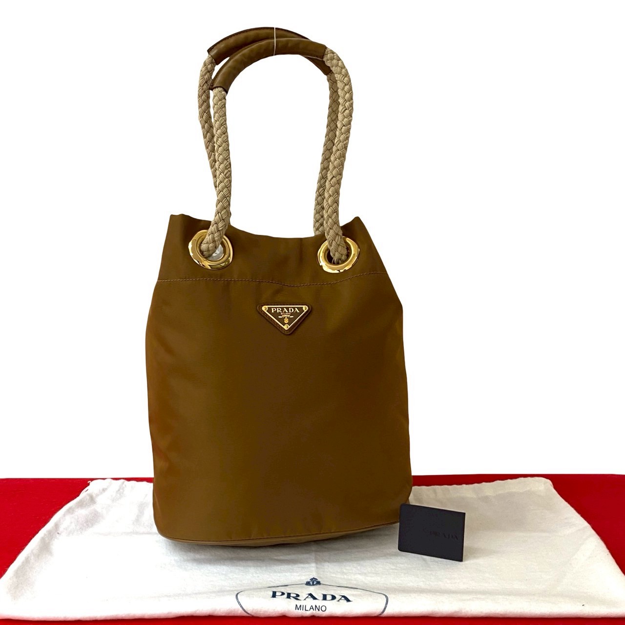 マリーナ スモール Re-Nylon 三角ロゴ 金具ショルダーバッグ レザー ナイロン ブラウン s327a