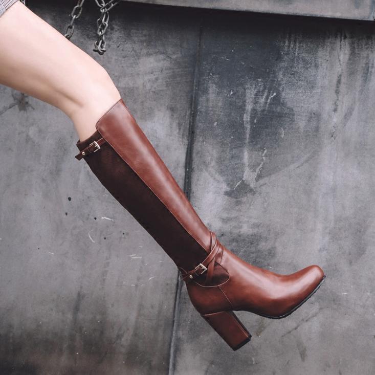 【本日限定】レディースブーツ　ロングブーツ　エンジニアブーツ　ジョッキーブーツ　裏起毛　暖かい　大きいサイズ　小さいサイズ　21.5cm　26.5cm　長靴　合皮　ロング丈　秋冬　太ヒール　9cm