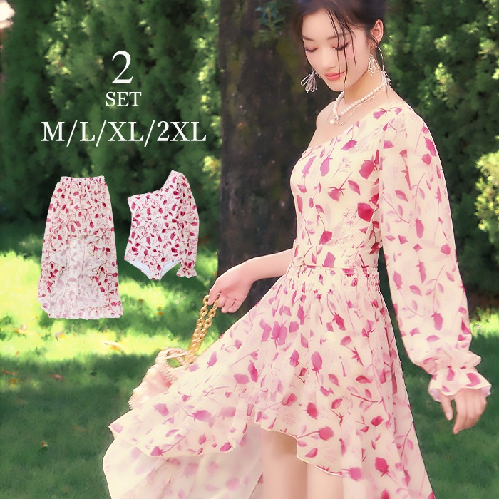 水着 レディース ワンショルダー ワンピース 体型カバー スカート付き 20代 30代 40代 50代 ママ水着 オトナ女子 可愛い セクシー オフショル水着 パフスリーブ 長袖 花柄 パッド付き 二