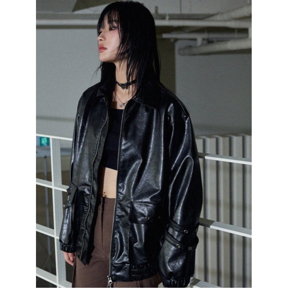 ITOV ソウルリボンオーバーフィットレザージャケット BK