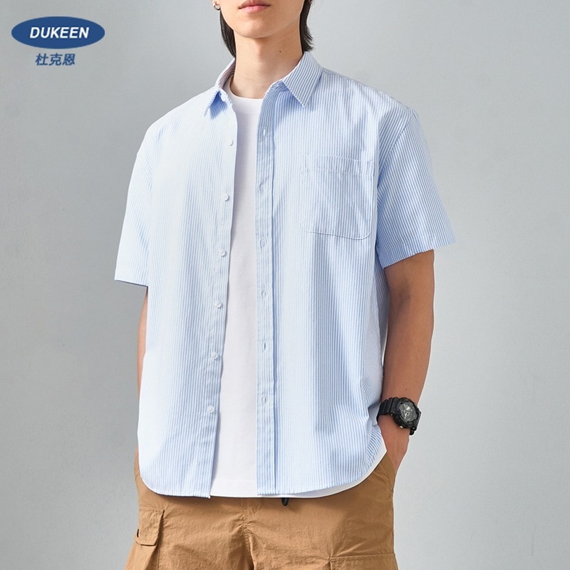 オックスフォード純綿青白ストライプシャツメンズ半袖日本製ブルージャケットシティボーイ学生用高級シャツ