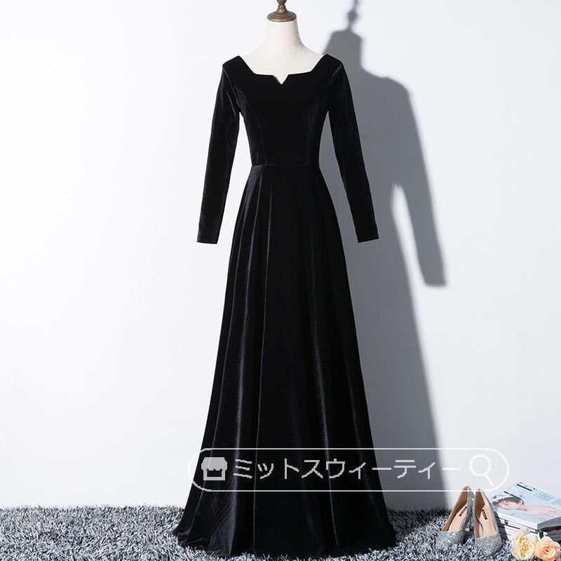 Aラインドレス カラードレス 舞台 声楽 黒 長袖 秋冬 ベルベット ロングドレス 演奏会 コンサー