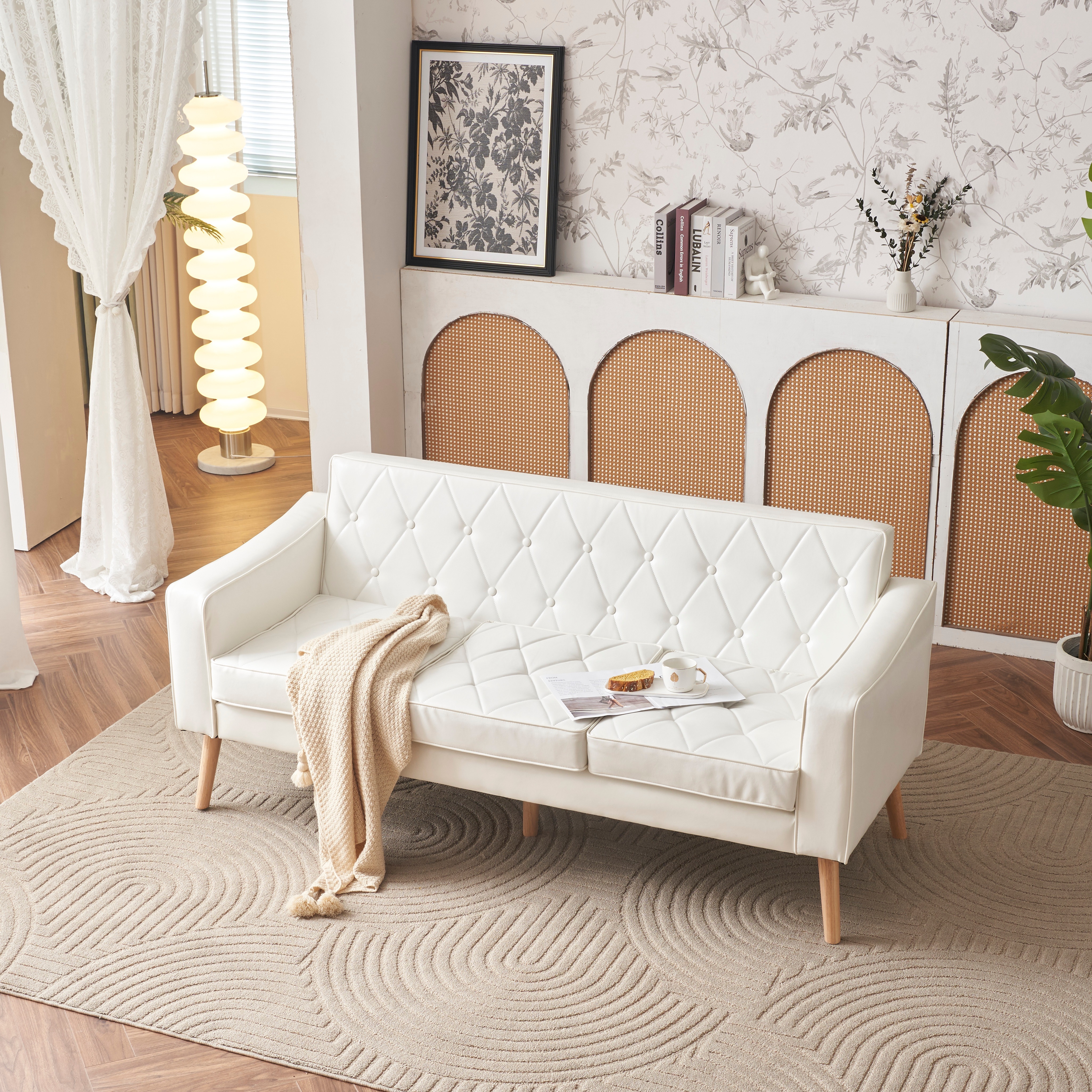 【大好評！最安値挑戦!】ソファー 3人掛け カウチソファ リビングソファ 肘付き オットマン おしゃれ PVCレザータイプ 合皮 お掃除ロボット通れる東京倉庫から発送GG5245 White PU L