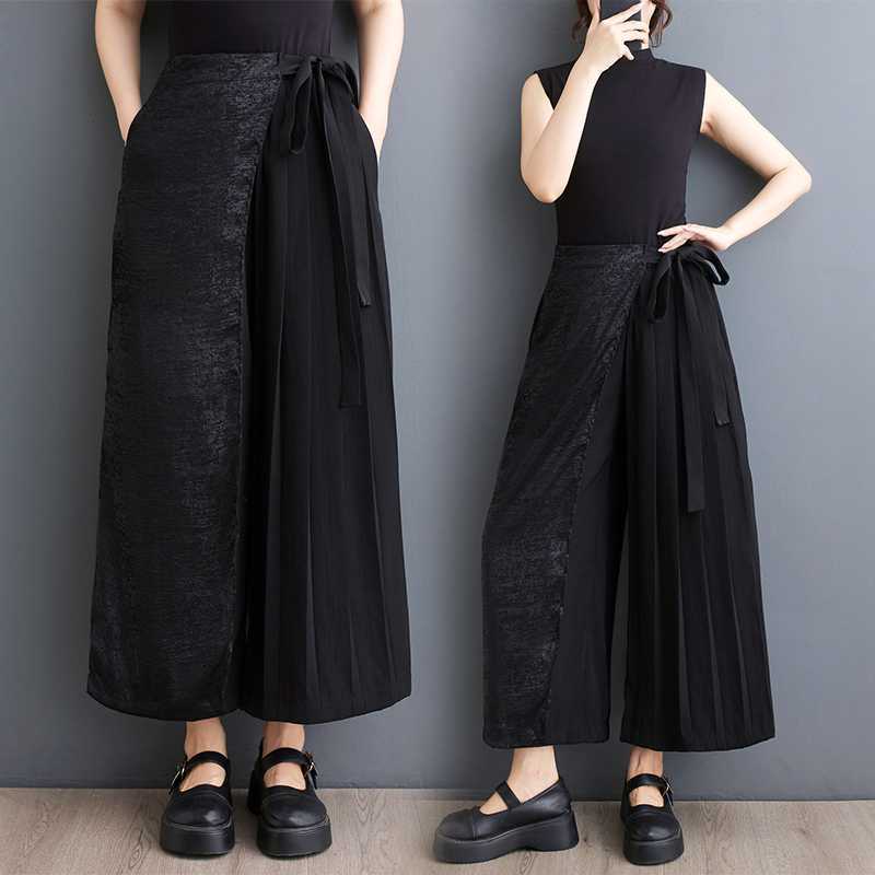 「ファットガール」 2024夏新品 キュロットスカート プリーツ ドッキング ワイドパンツ ゴムウエスト 飾り帯 ロングパンツ メガ割30%までに制限 4,792円