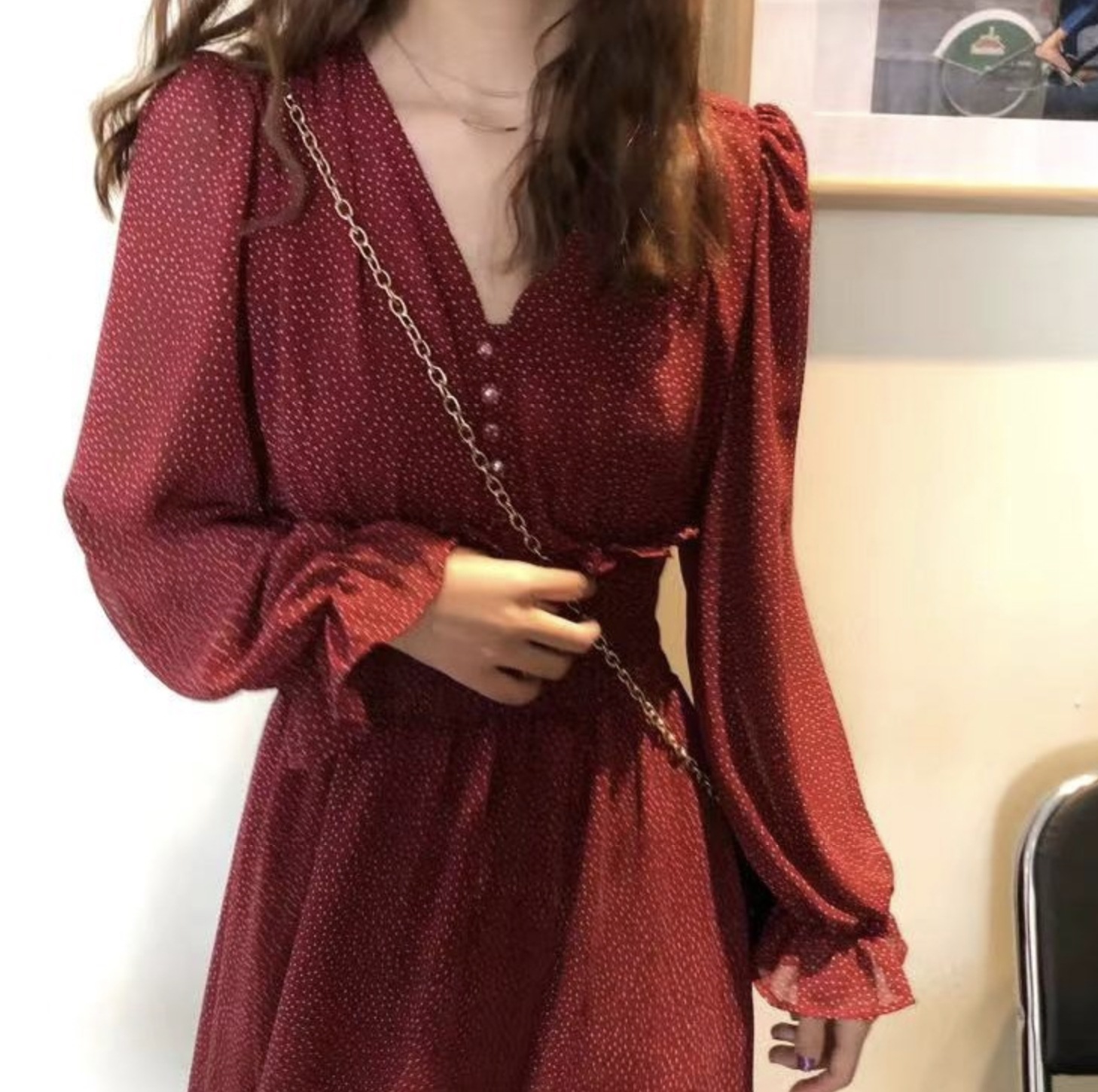 スカート ワンピース フレアワンピース ロング ロング丈 袖あり 長袖 Vネック フレア Aライン シフォン フリル ウエストマーク ハイウエスト 透け感 かわいい きれいめ シンプル カジュアル