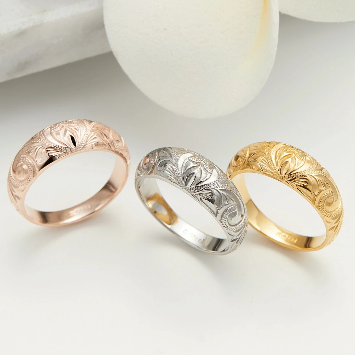 リング レディース メンズ サージカルステンレス316L製 ハワイアンジュエリー プルメリア 波