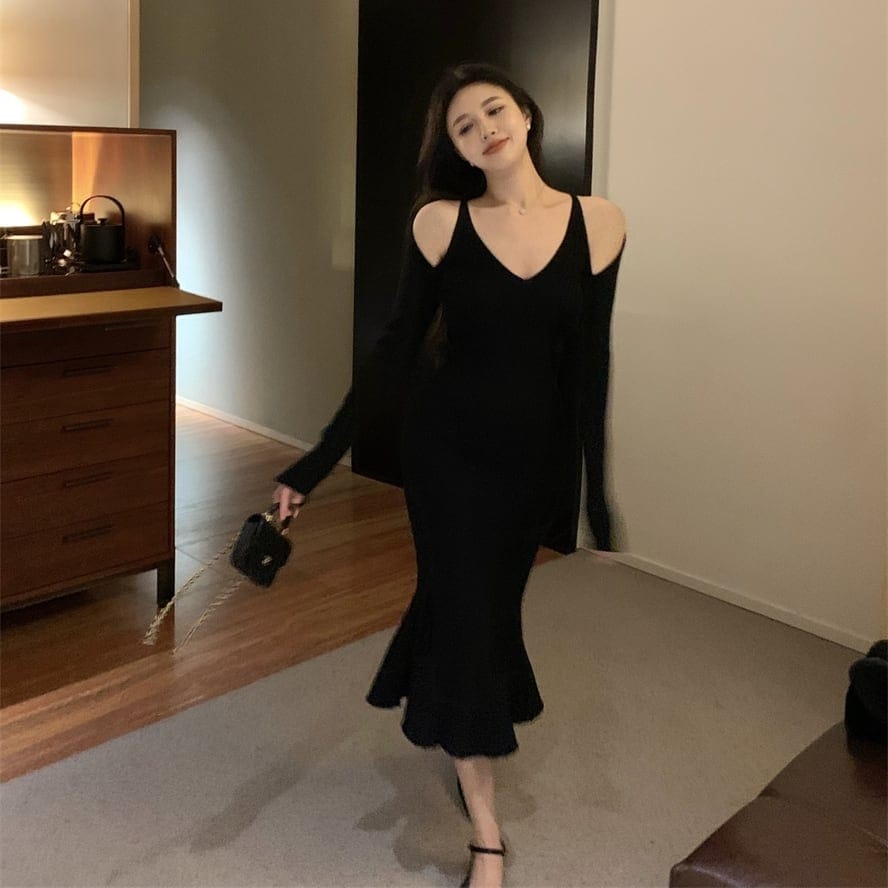 ワンピース ニットワンピース ミディアム丈 長袖 Vネック オープンショルダー マーメイド