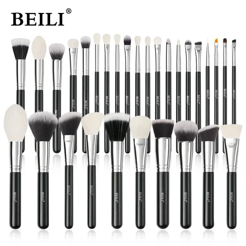 Beili 黒メイクブラシセットプロフェッショナルナチュラルヤギ毛ブラシファンデーションパウダー輪郭メイクアップブラシ