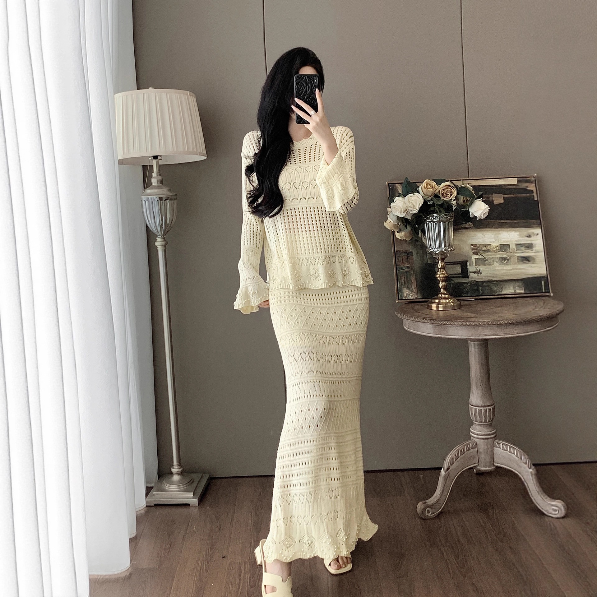 2026 秋冬 新作 韓国ファッション 2026 秋物 新作 上品 透かし編み レース編み 長袖 ニット カーディガン スカート ツーピース