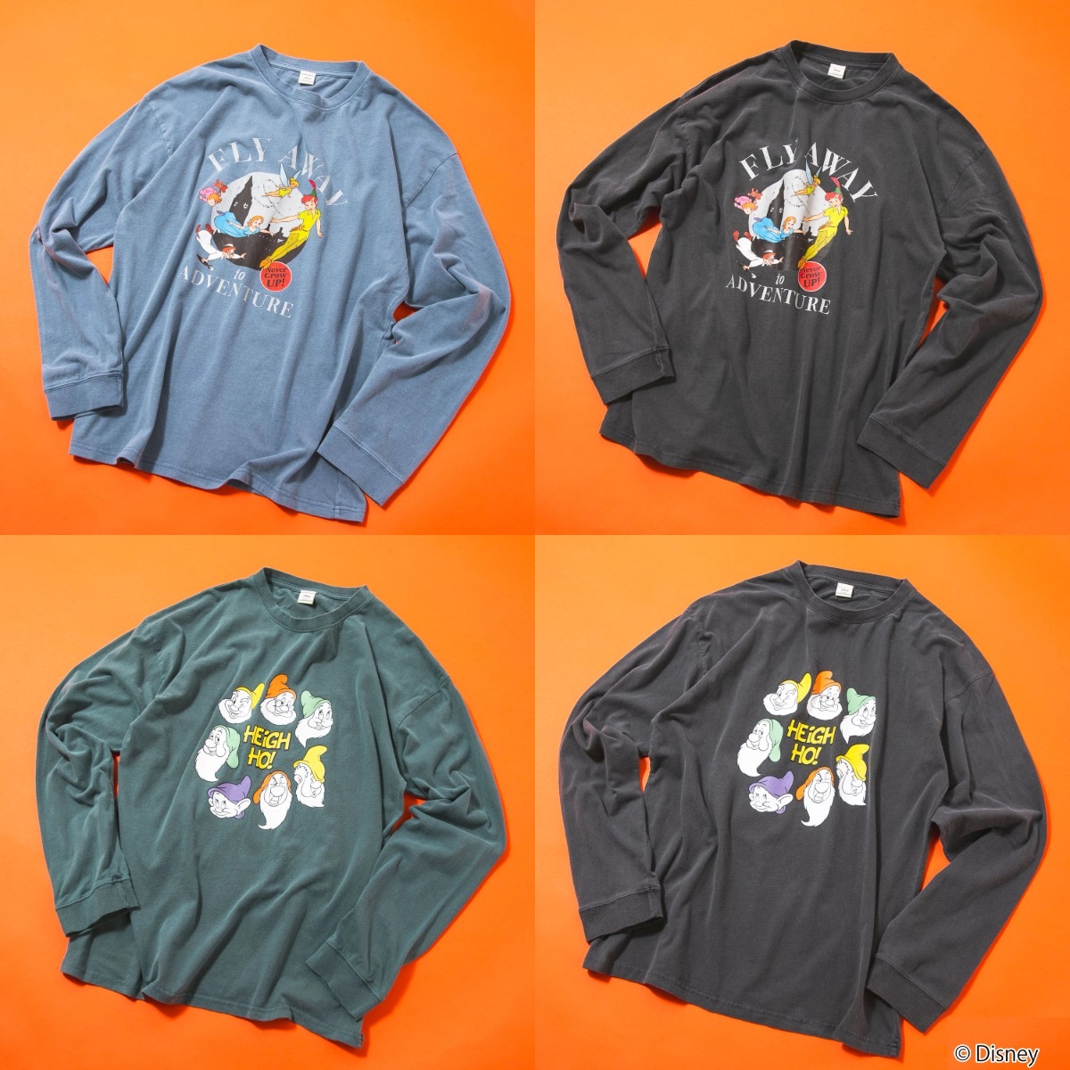 【DISNEY/ディズニー】 「ピーター・パン」「7人のこびと」パウダーブリーチ加工 ビッグシルエットロンT ドロップショルダー オーバーサイズ ヴィンテージ加工