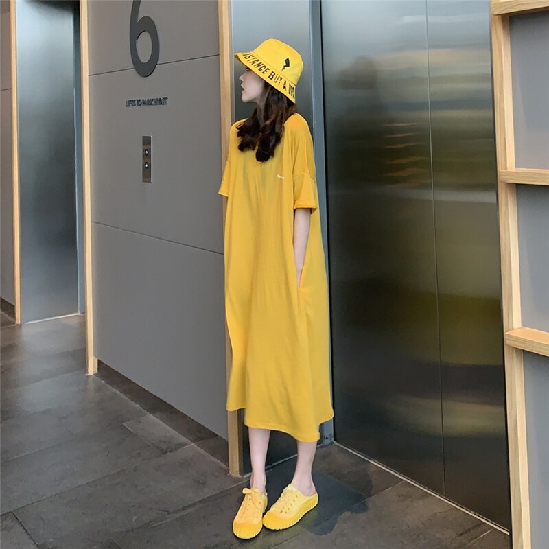 ワンピース レディース Tシャツワンピース ひざ丈 ミドル丈 袖あり 半袖 ドロップショルダー 無地 カジュアル ブラック ロゴ イエロー 休日 マタニティ ママ 楽ちん 体型カバー 旅行 韓国 モテ 5,080円