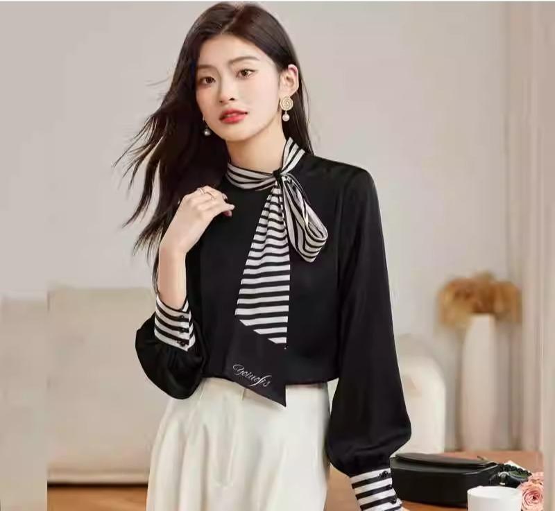 シフォンシャツ ブラウス レディース 秋 上品 女性 カジュアル ストライプ ボウタイ リボン 長袖 スタンドカラー プルオーバー 通勤 オフィス 薄手 軽量 柔らかい トップス 蝶結び