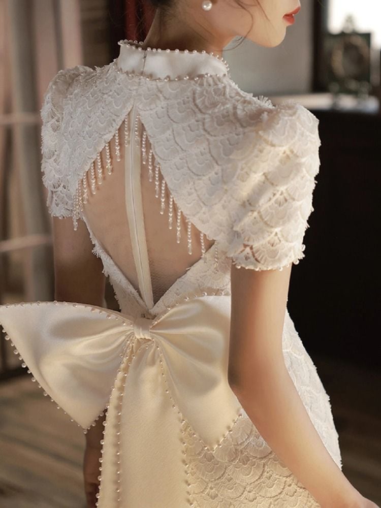 チャイナドレス 乾杯服 花嫁 式婚約ドレス バックドアコレクション証明書登録 小さな白いドレス レディース