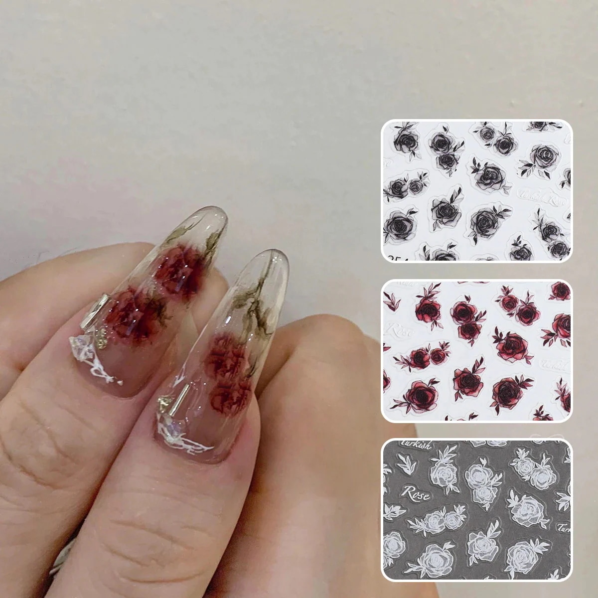 【200点セット】【送料無料】ゴシック風赤蝶ネイルシールアクセサリー新工芸半透白黒蝶ネイルシール