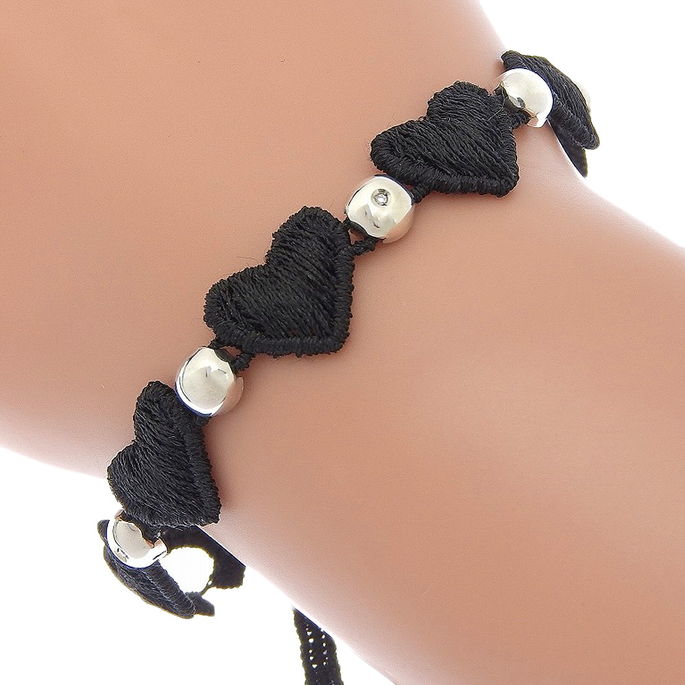 ダミアーニ×クルチアーニC ハート 3Pダイヤ ブレスレット シルバー925 ダイヤモンド 黒 約3.5g レディース 中古品 Aランク