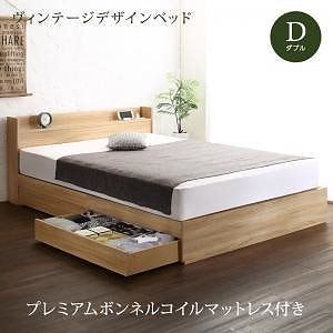 [組立設置付]ヴィンテージデザイン 棚付 収納ベッド [バーレイ] プレミアムボンネルコイルマットレス付 ダブル [マットレス]白