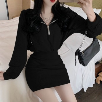 パーカーミニ丈ワンピース ワンピース パーカー フーディー ミニ丈 長袖 Vネック ラウンドネック