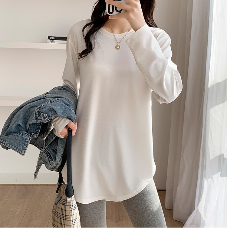 レディース ミディアムトップス ロンT シャツ カットソー 丈長 長袖 ラウンドネック クルーネック ストレート かわいい 大人可愛い きれいめ シンプル カジュアル 上品 おしゃれ かっこいい