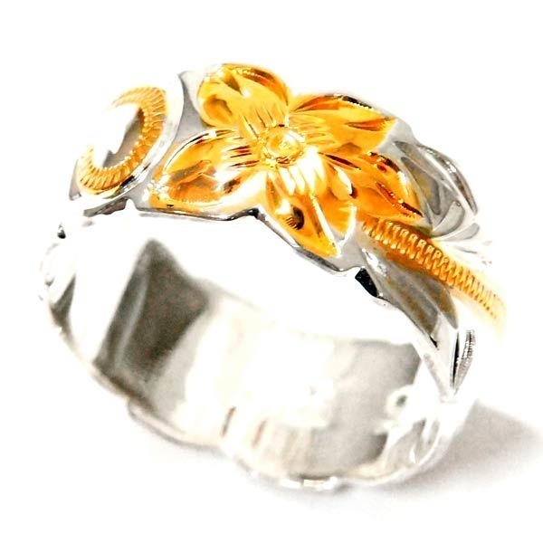 ハワイアンジュエリー リング プルメリア 花 スクロール 波 トロピカル カットアウト イエローゴールド ペアカラー レディース シルバー925