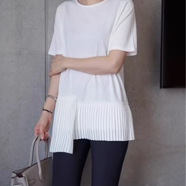 レディース トップス カットソー プルオーバー Tシャツ 丈長 半袖 クルーネック 襟なし プリーツ 切り替えデザイン きれいめ シンプル カジュアル 上品 おしゃれ こなれ感 ラフ 個性的 クール