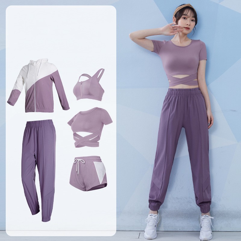 5点セットヨガウェア女性用おしゃれヨガウェア夏ファッションテンパリングスポーツウェアハイエンドタイトフィッティングスウェットプロフェッショナルトレーニングのモーニングラン フィットネススーツ
